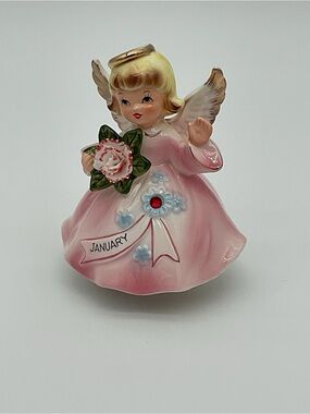 Lefton January Angel Figurine Pink Porcelain Musical Figurine - Flaw